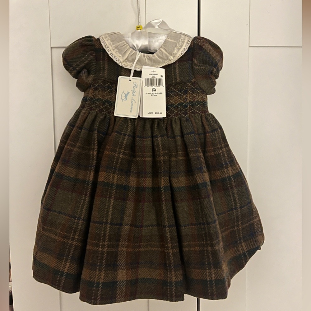 NWT RL Polo Ralph Lauren Baby Plaid Hand Smocked Wool Dress 2pc Set